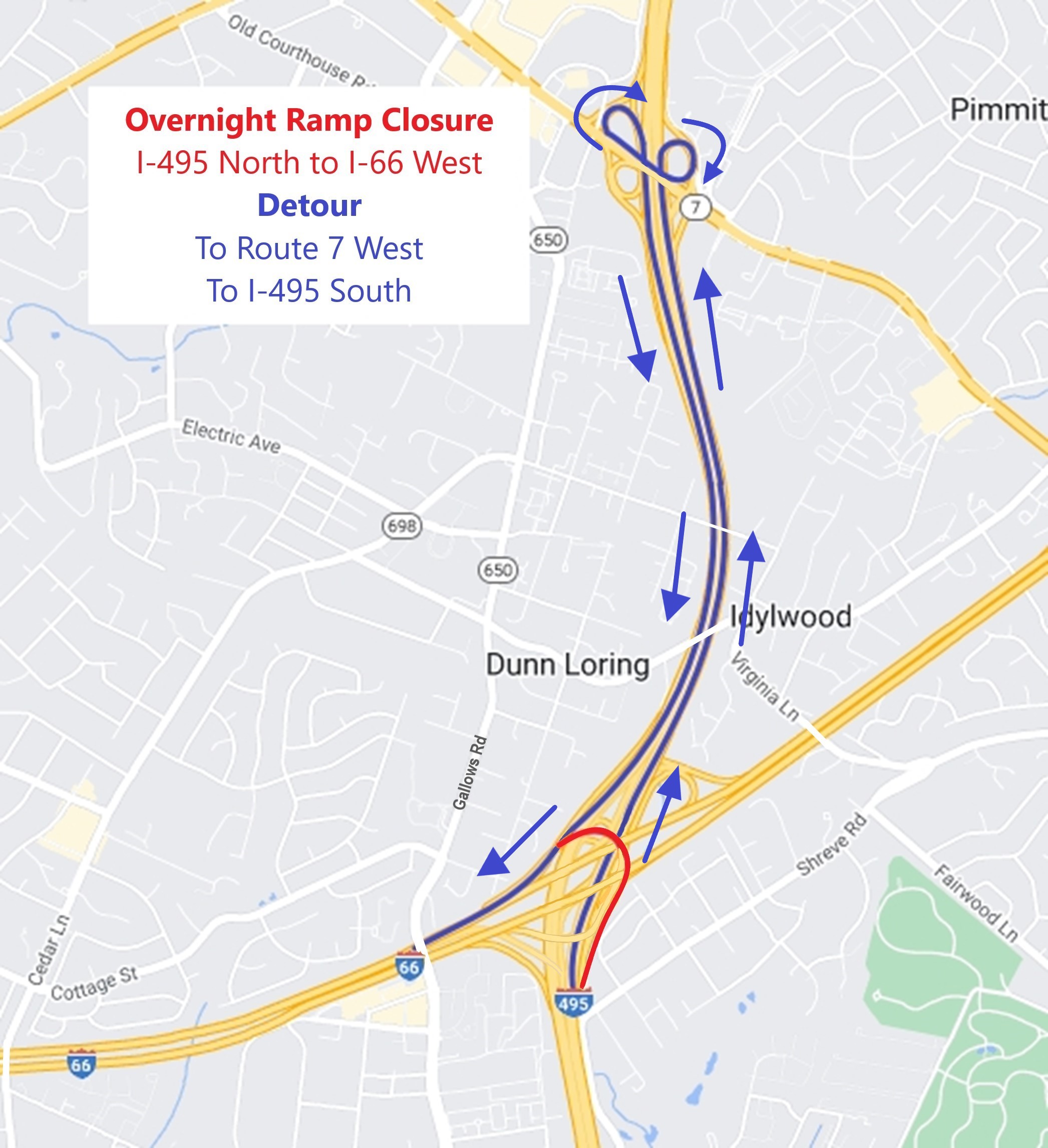 Detour map for ramp closure.