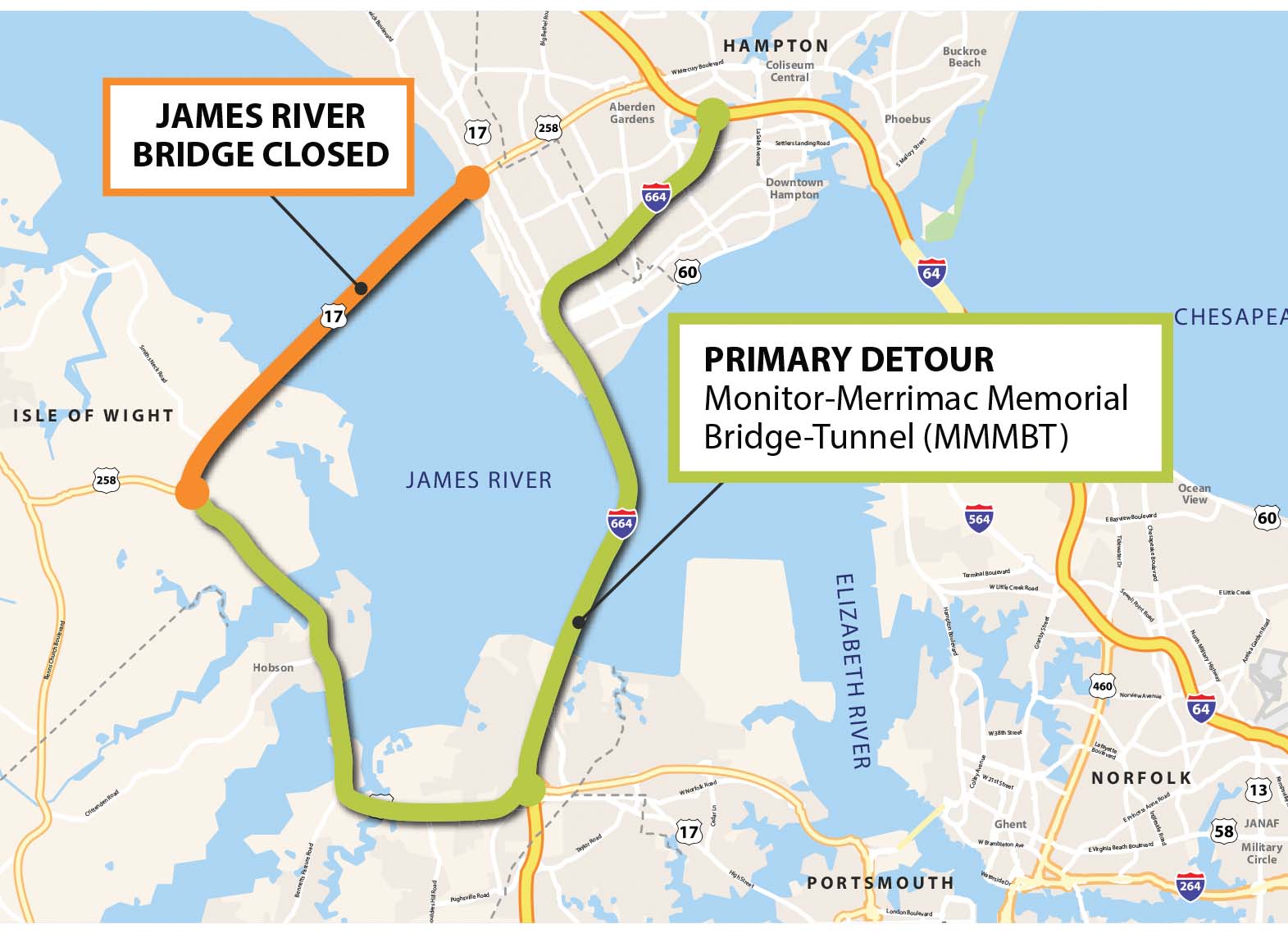 James River Bridge Detour via I-664