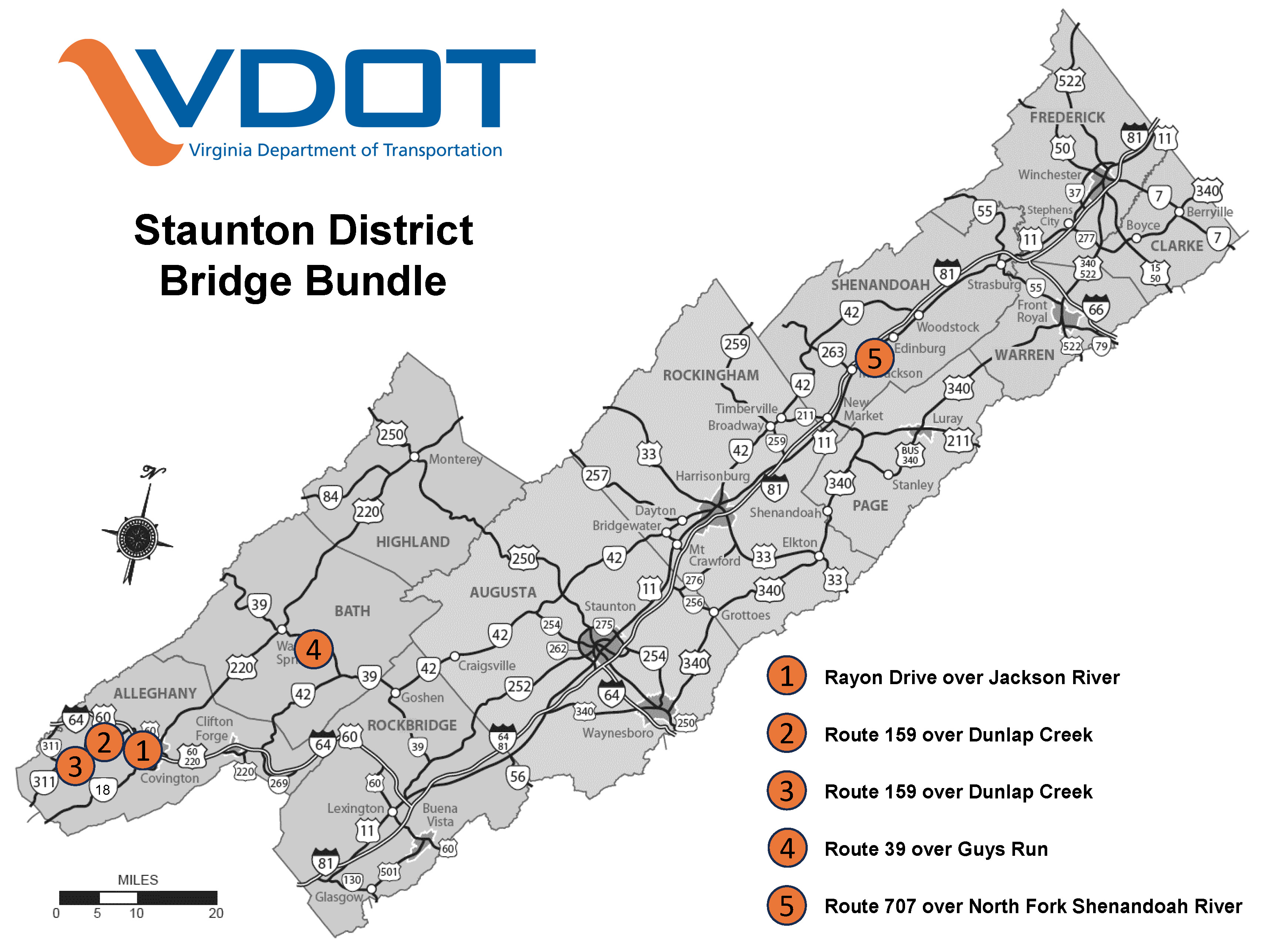 Map of VDOT Staunton District with locations of projects